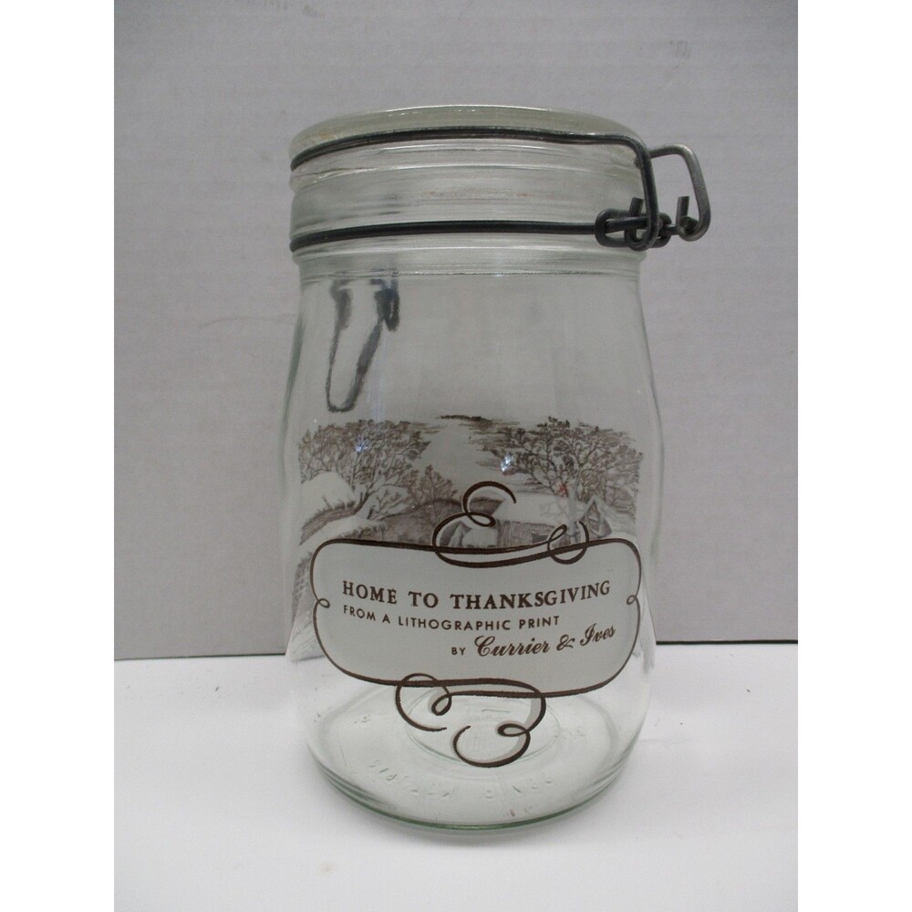 Currier and Ives Home To Thanksgiving Glass Jar Canister Hinged Lid 1 Liters
